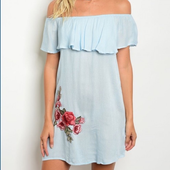 Light blue breezy off shoulder embroidered dress - Picture 2 of 8